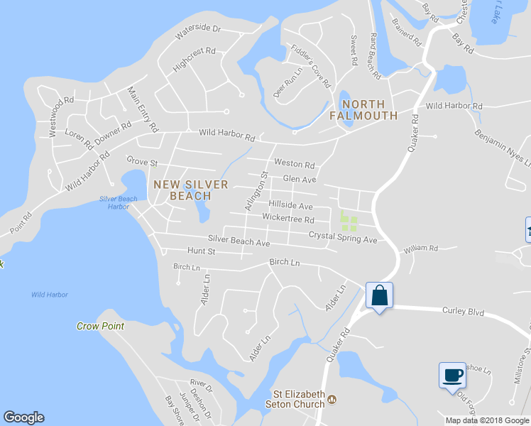 map of restaurants, bars, coffee shops, grocery stores, and more near 91 Wickertree Road in Falmouth