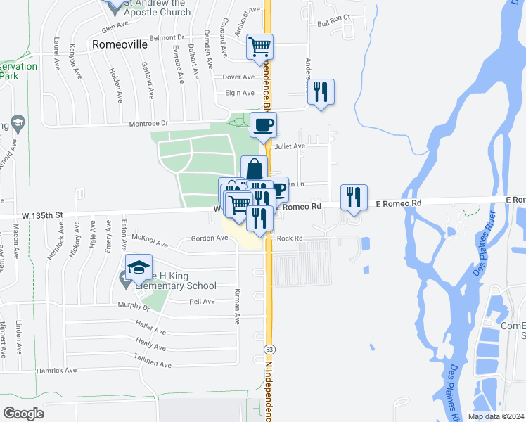 map of restaurants, bars, coffee shops, grocery stores, and more near 344 North Independence Boulevard in Lockport