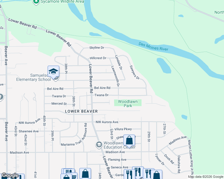 map of restaurants, bars, coffee shops, grocery stores, and more near 3214 Bel Aire Road in Des Moines