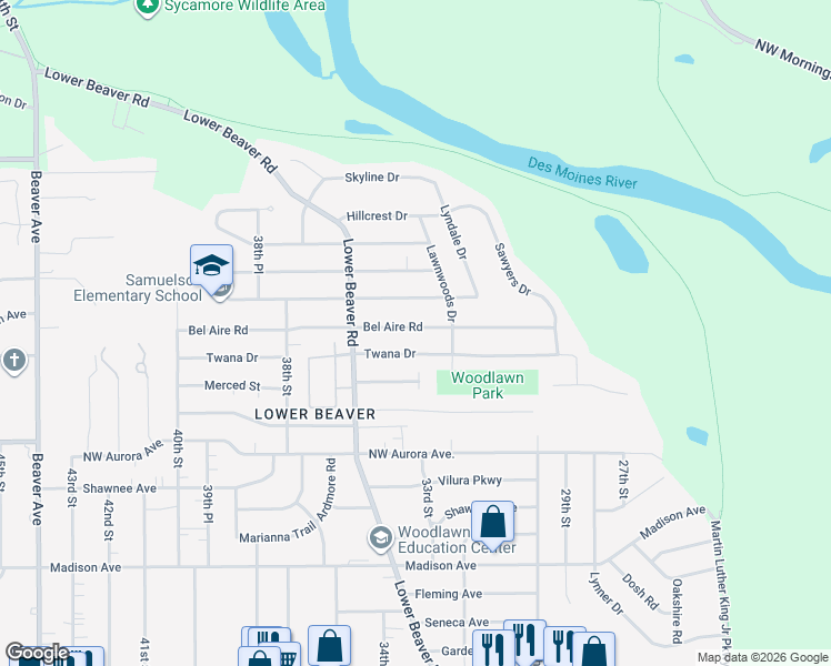 map of restaurants, bars, coffee shops, grocery stores, and more near 3214 Bel Aire Road in Des Moines