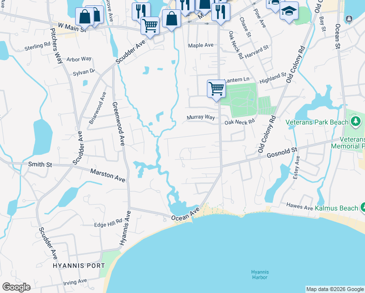map of restaurants, bars, coffee shops, grocery stores, and more near 125 Southgate Drive in Barnstable