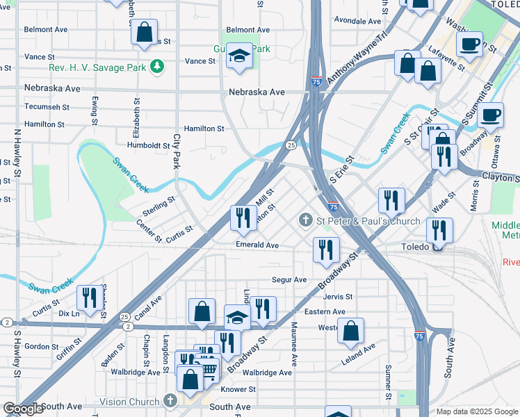 map of restaurants, bars, coffee shops, grocery stores, and more near 832 Mill St in Toledo