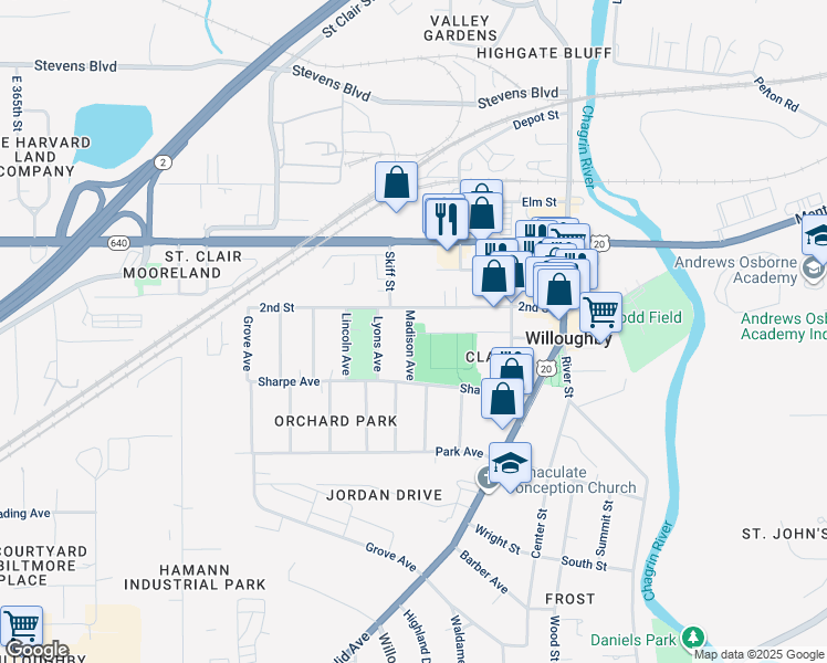 map of restaurants, bars, coffee shops, grocery stores, and more near 4145 Madison Avenue in Willoughby