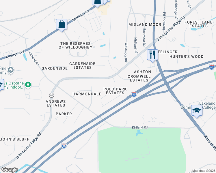 map of restaurants, bars, coffee shops, grocery stores, and more near 4239 Carl Court in Willoughby