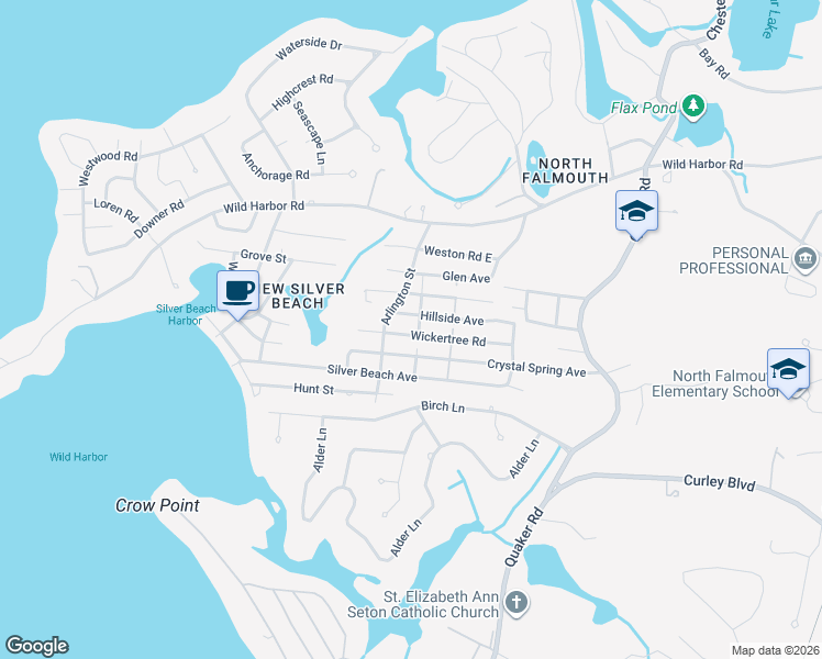 map of restaurants, bars, coffee shops, grocery stores, and more near 91 Wickertree Road in Falmouth