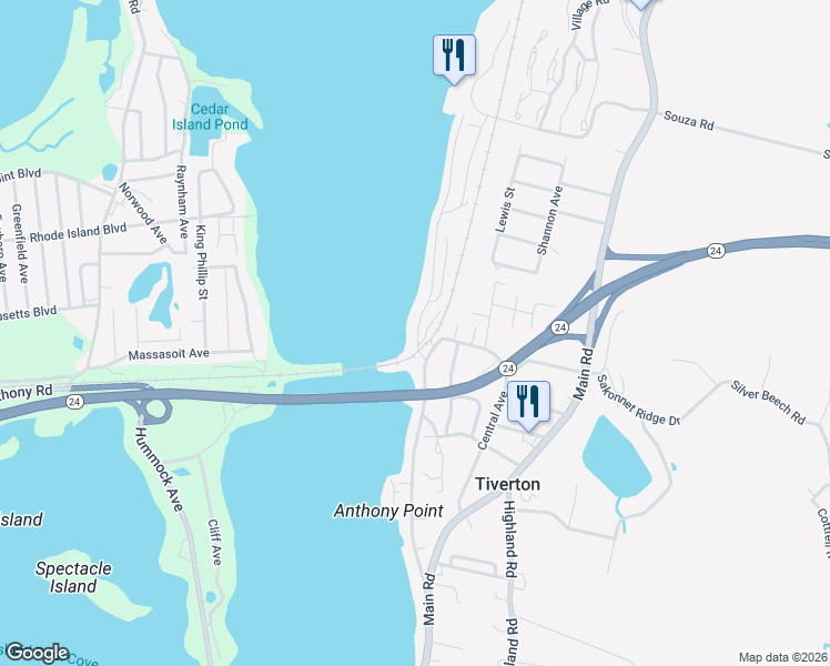 map of restaurants, bars, coffee shops, grocery stores, and more near 237 Riverside Drive in Tiverton