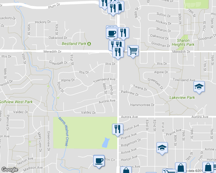map of restaurants, bars, coffee shops, grocery stores, and more near 8708 Sweetbriar Lane in Urbandale