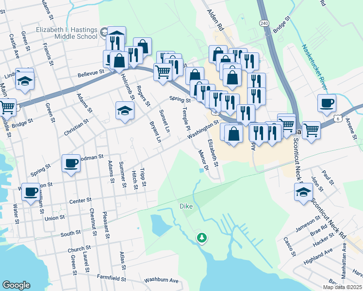 map of restaurants, bars, coffee shops, grocery stores, and more near 151 Washington Street in Fairhaven