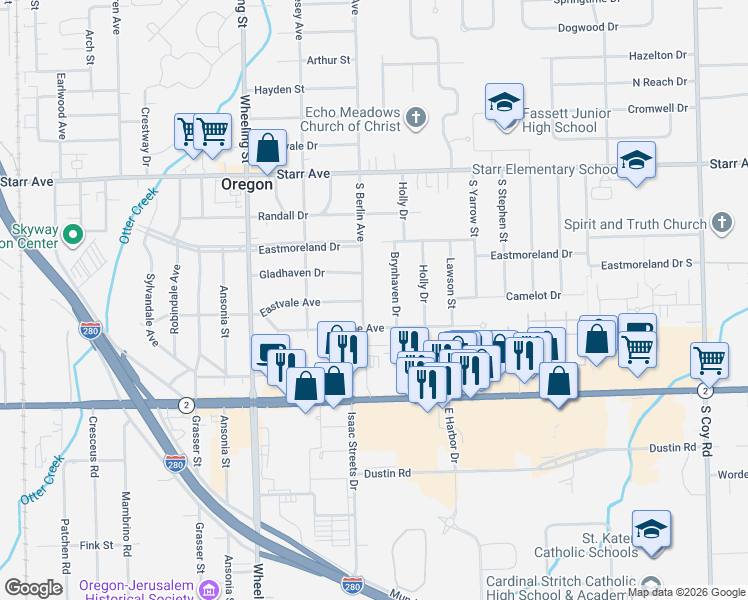 map of restaurants, bars, coffee shops, grocery stores, and more near 612 Brynhaven Drive in Oregon