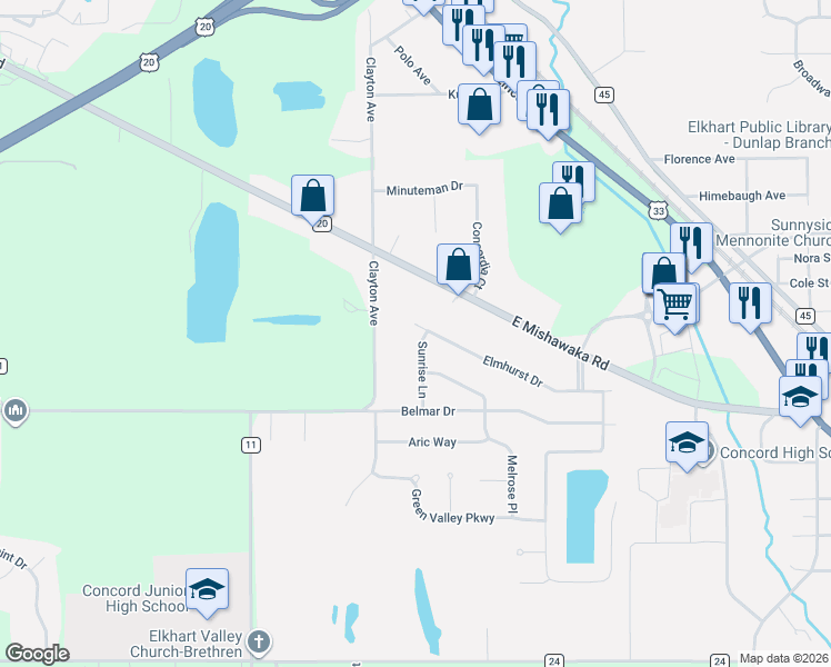 map of restaurants, bars, coffee shops, grocery stores, and more near 24698 Elmhurst Drive in Elkhart