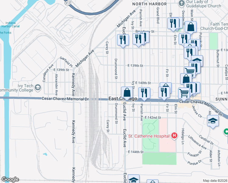 map of restaurants, bars, coffee shops, grocery stores, and more near 4022 Drummond Street in East Chicago