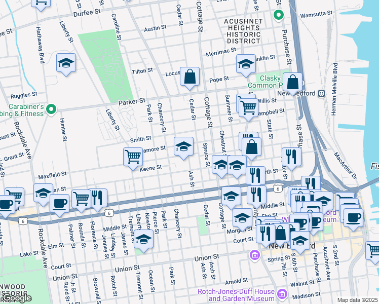 map of restaurants, bars, coffee shops, grocery stores, and more near 305 Maxfield Street in New Bedford
