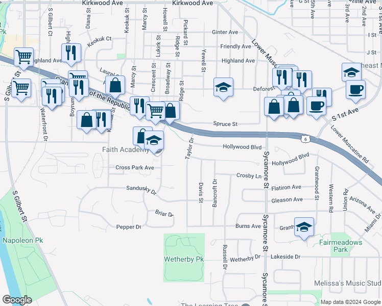 map of restaurants, bars, coffee shops, grocery stores, and more near 1908 Taylor Drive in Iowa City
