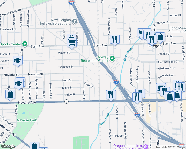 map of restaurants, bars, coffee shops, grocery stores, and more near 2166 Delence St in Toledo