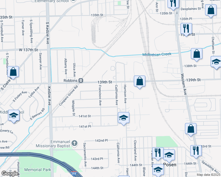 map of restaurants, bars, coffee shops, grocery stores, and more near 2820 139th Place in Blue Island