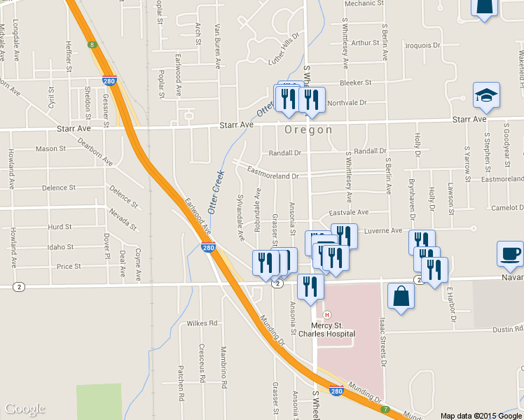 map of restaurants, bars, coffee shops, grocery stores, and more near 561 Robindale Avenue in Oregon