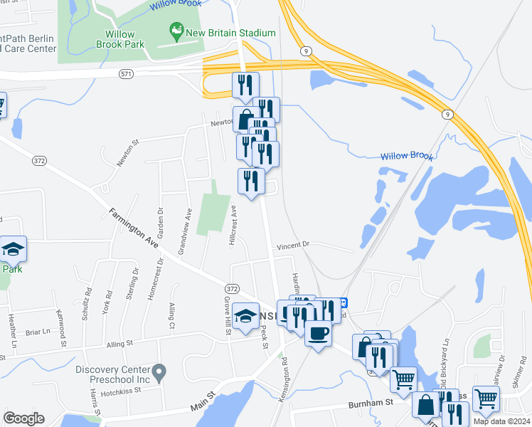 map of restaurants, bars, coffee shops, grocery stores, and more near 319 Connecticut 71 in Berlin