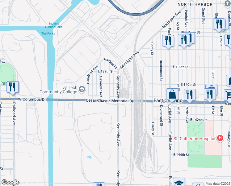 map of restaurants, bars, coffee shops, grocery stores, and more near 4026 Kennedy Avenue in East Chicago