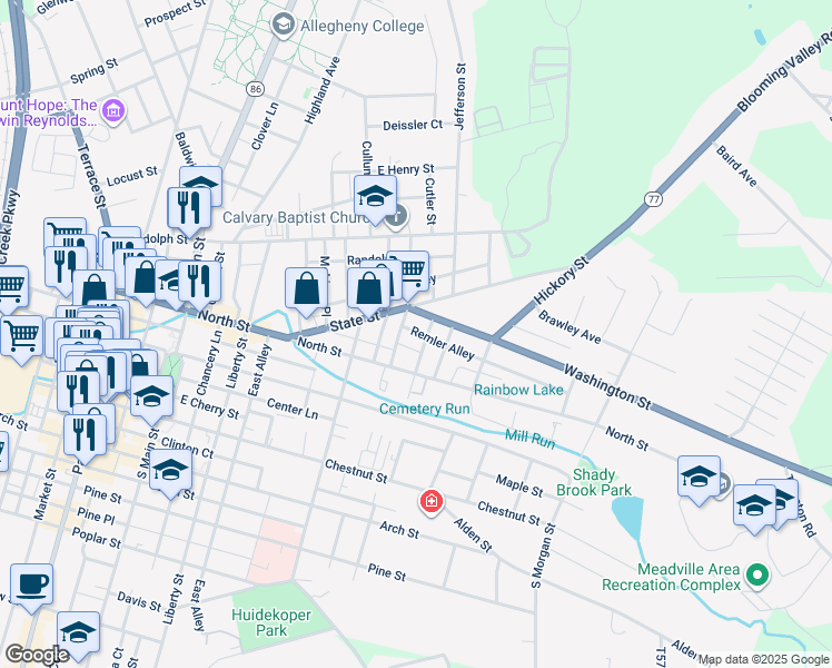 map of restaurants, bars, coffee shops, grocery stores, and more near 40913 Penn Street in Meadville