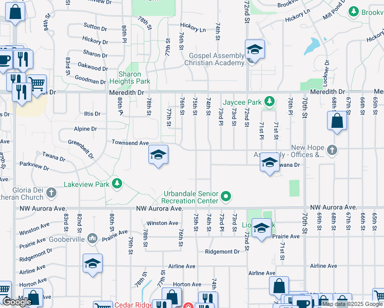 map of restaurants, bars, coffee shops, grocery stores, and more near 4324 75th Street in Urbandale