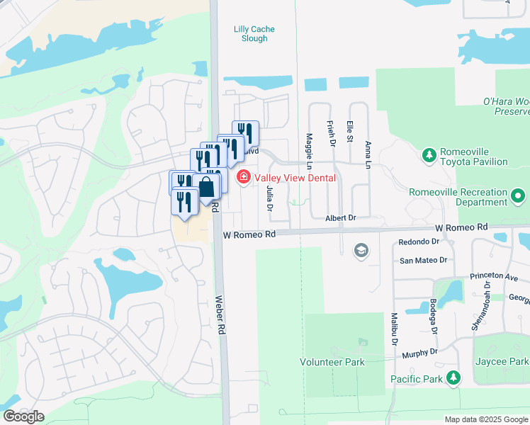 map of restaurants, bars, coffee shops, grocery stores, and more near 424 Julia Drive in Romeoville