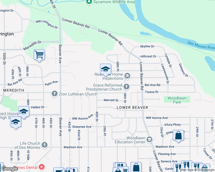 map of restaurants, bars, coffee shops, grocery stores, and more near 3929 Bel Aire Road in Des Moines