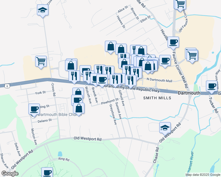 map of restaurants, bars, coffee shops, grocery stores, and more near 413 State Road in Dartmouth
