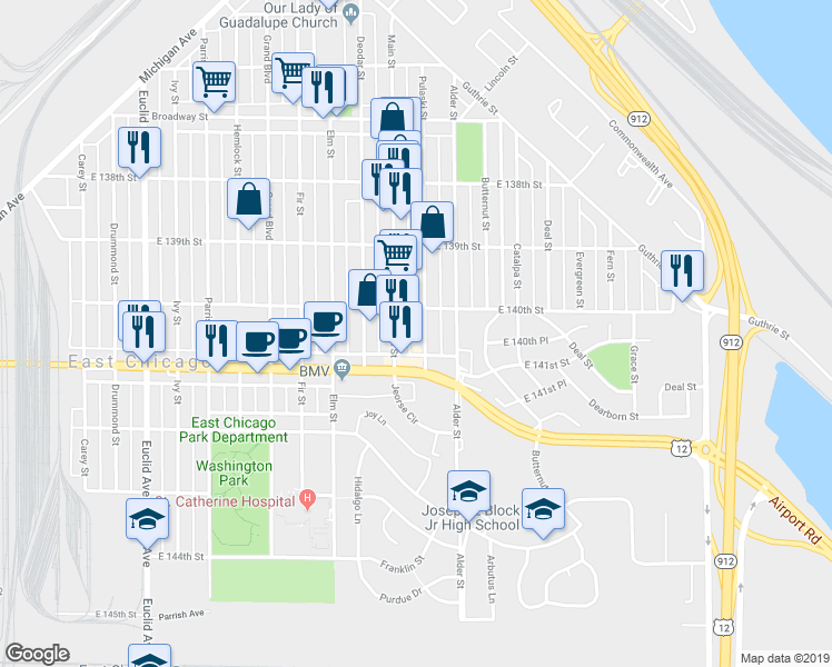 map of restaurants, bars, coffee shops, grocery stores, and more near 4016 Pulaski Street in East Chicago