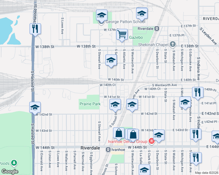 map of restaurants, bars, coffee shops, grocery stores, and more near 14017 South Tracy Avenue in Riverdale