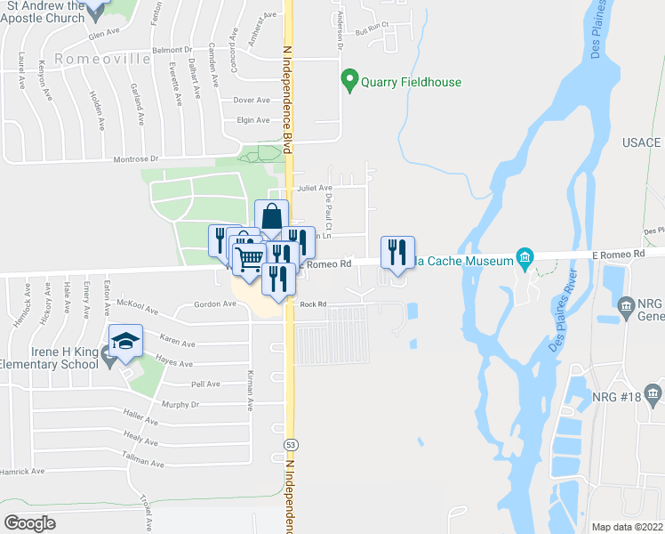 map of restaurants, bars, coffee shops, grocery stores, and more near 697 East Romeo Road in Romeoville