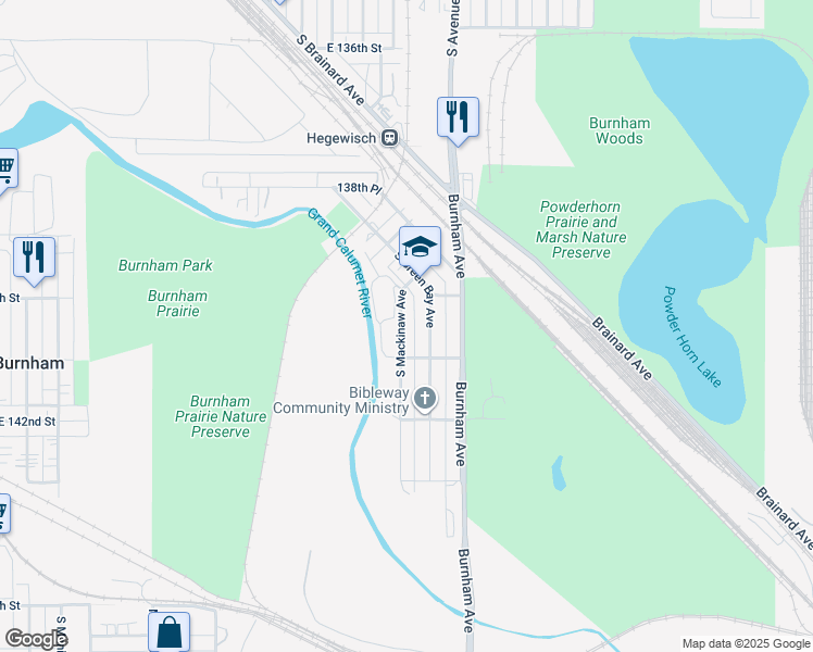 map of restaurants, bars, coffee shops, grocery stores, and more near 14027 South Mackinaw Avenue in Chicago