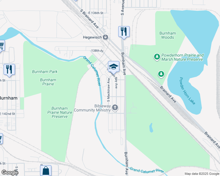 map of restaurants, bars, coffee shops, grocery stores, and more near 14027 South Mackinaw Avenue in Chicago