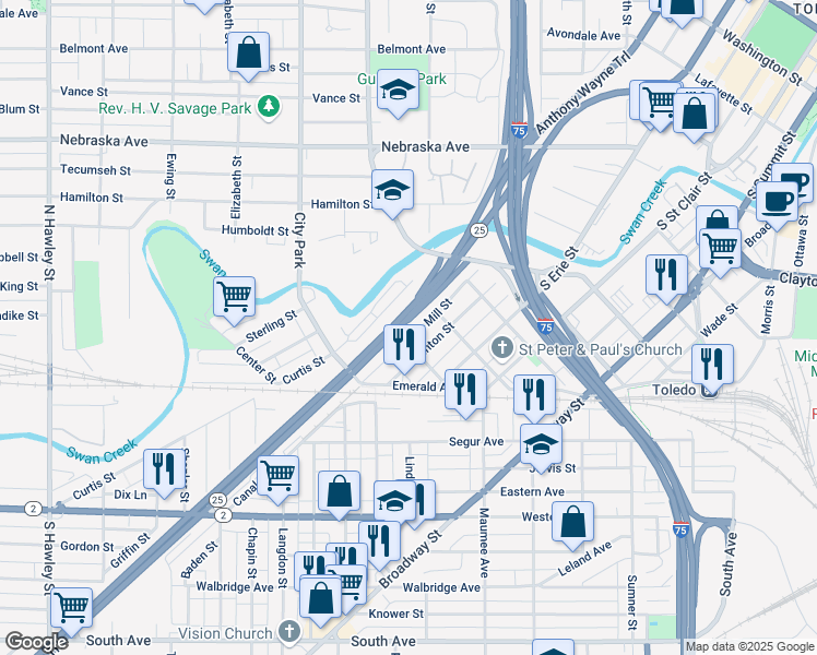 map of restaurants, bars, coffee shops, grocery stores, and more near 832 Mill Street in Toledo