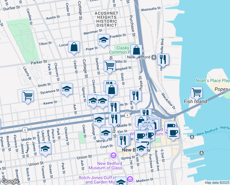 map of restaurants, bars, coffee shops, grocery stores, and more near 62 Thomas Street in New Bedford