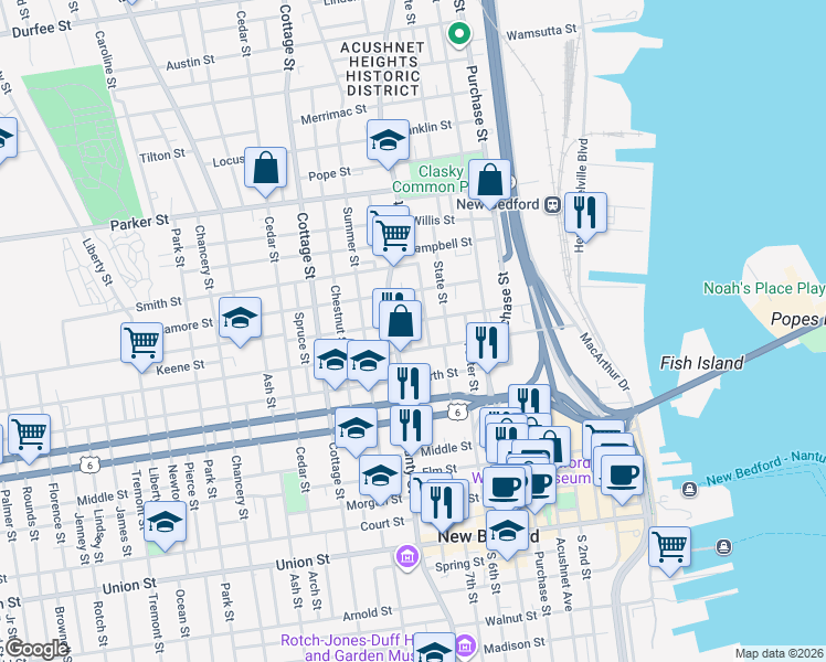 map of restaurants, bars, coffee shops, grocery stores, and more near 62 Thomas Street in New Bedford