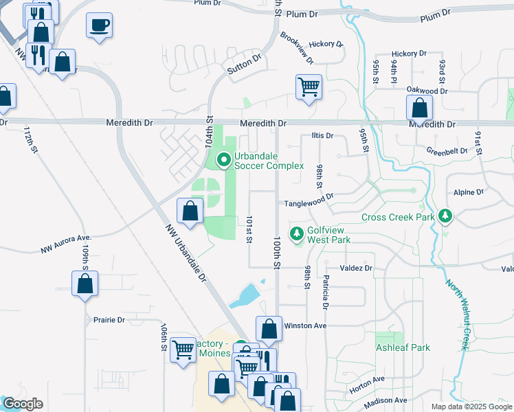 map of restaurants, bars, coffee shops, grocery stores, and more near 4327 101st Street in Urbandale