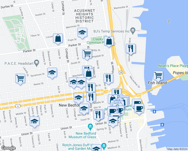 map of restaurants, bars, coffee shops, grocery stores, and more near 71 Walden Street in New Bedford