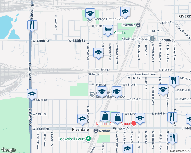 map of restaurants, bars, coffee shops, grocery stores, and more near 14017 South Tracy Avenue in Riverdale