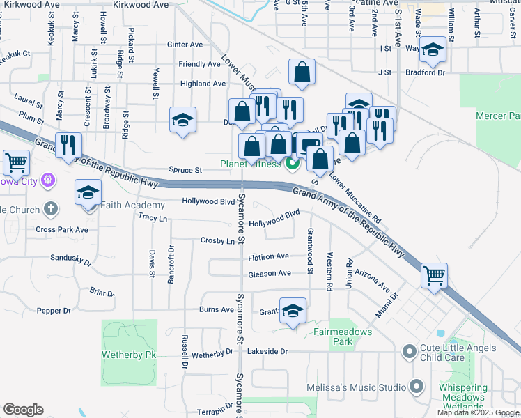 map of restaurants, bars, coffee shops, grocery stores, and more near 1825 Hollywood Ct in Iowa City