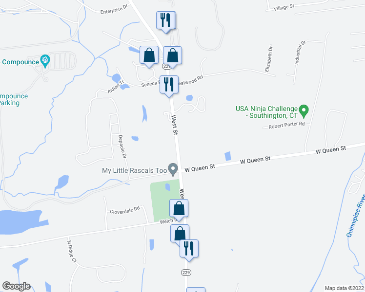 map of restaurants, bars, coffee shops, grocery stores, and more near 1901 West Street in Southington