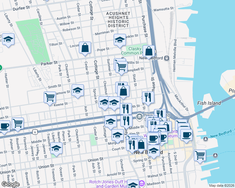map of restaurants, bars, coffee shops, grocery stores, and more near 190 Maxfield Street in New Bedford