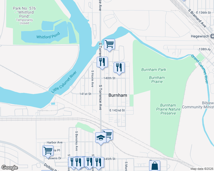 map of restaurants, bars, coffee shops, grocery stores, and more near 14024 South Saginaw Avenue in Burnham