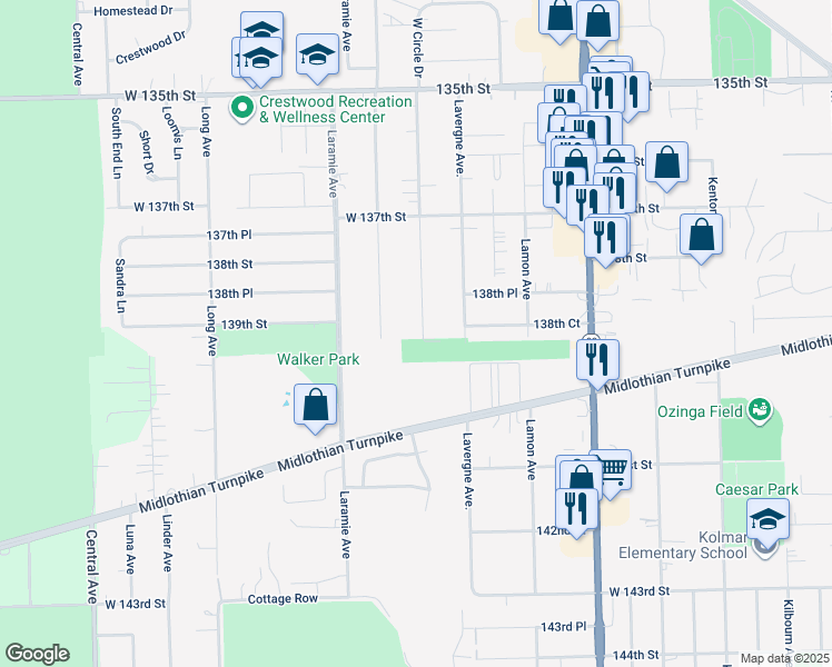 map of restaurants, bars, coffee shops, grocery stores, and more near 13857 Lawler Avenue in Crestwood