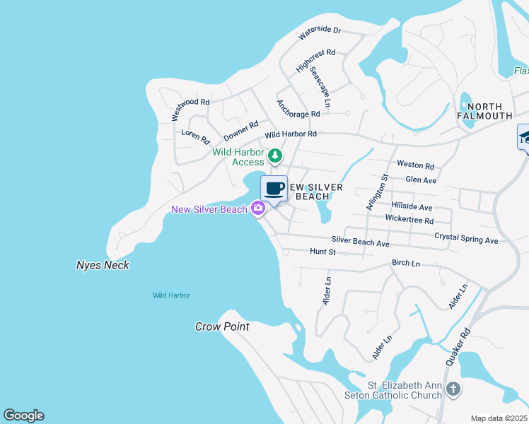 map of restaurants, bars, coffee shops, grocery stores, and more near 8 Moses Rd in Falmouth