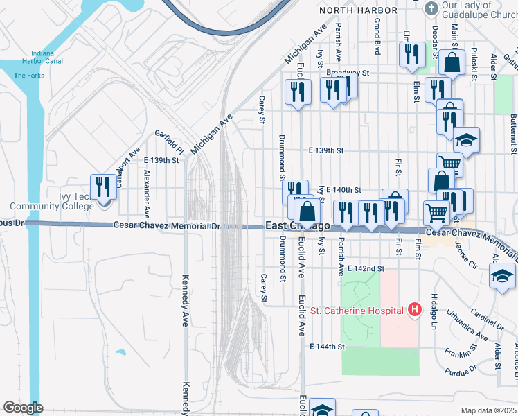 map of restaurants, bars, coffee shops, grocery stores, and more near 4020 Carey Street in East Chicago