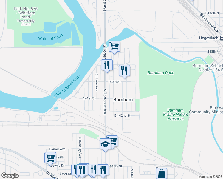 map of restaurants, bars, coffee shops, grocery stores, and more near 14024 South Saginaw Avenue in Burnham