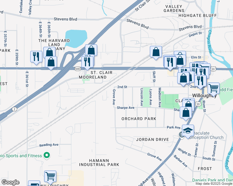 map of restaurants, bars, coffee shops, grocery stores, and more near 4139 Grove Ave in Willoughby