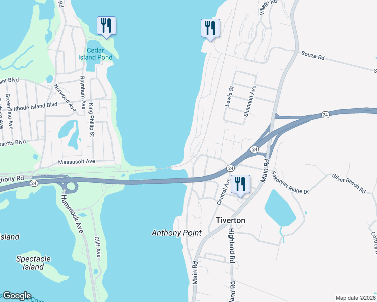 map of restaurants, bars, coffee shops, grocery stores, and more near 237 Riverside Drive in Tiverton