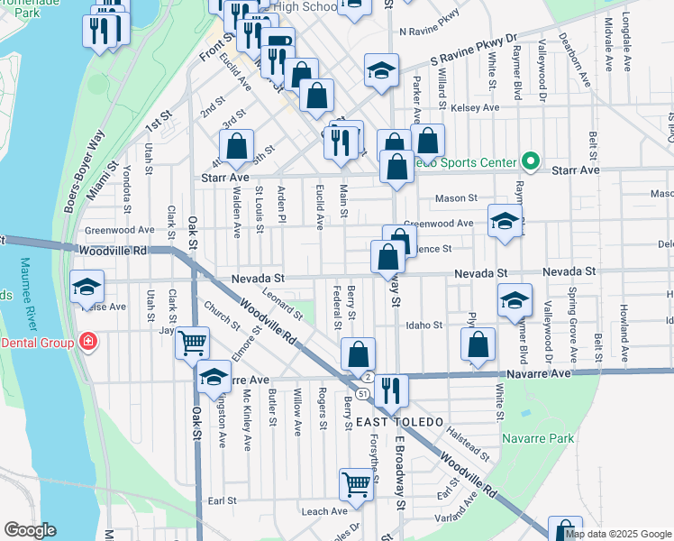 map of restaurants, bars, coffee shops, grocery stores, and more near 719 Nevada Street in Toledo