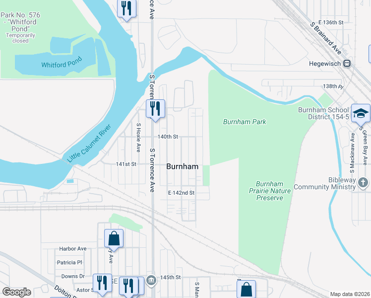 map of restaurants, bars, coffee shops, grocery stores, and more near 14027 S Marquette Ave in Burnham